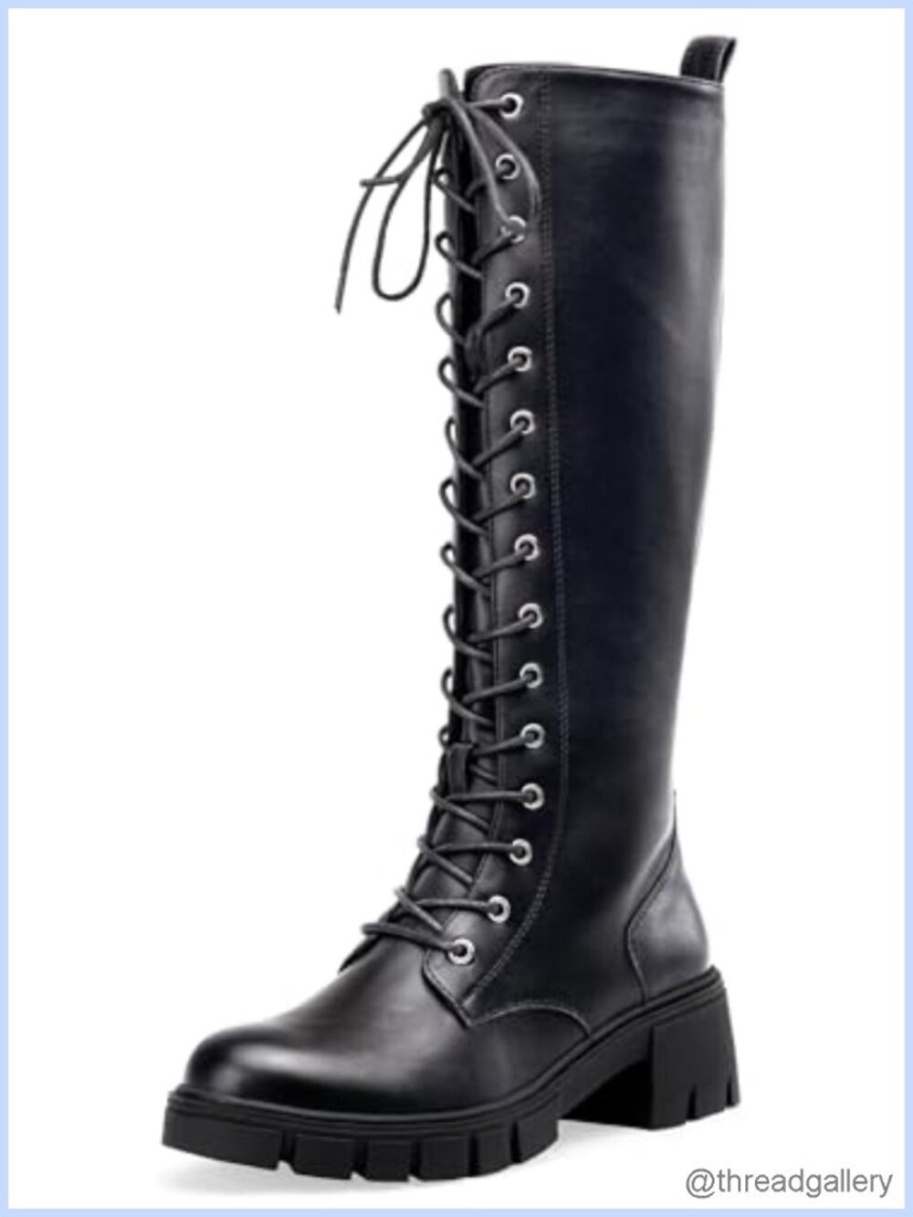 Faux Leather Platform Knee High Combat Boots Lace Up Chunky Heel